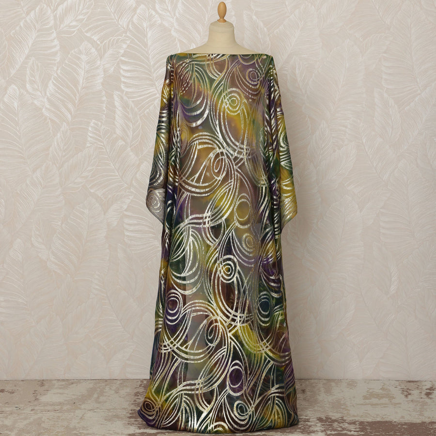 Multicolor Somali Silk Chiffon Dirac Fabric with Metallic Lurex Swirl Design, 3.5 Meters, 140 cm Width-D20671