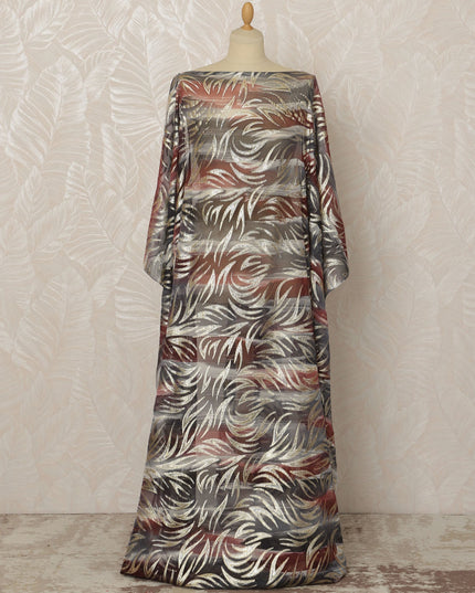 Grey and Rust Somali Silk Chiffon Dirac Fabric with Metallic Lurex Leaf Design, 3.5 Meters, 140 cm Width-D20672