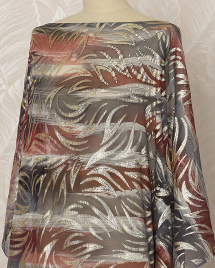 Grey and Rust Somali Silk Chiffon Dirac Fabric with Metallic Lurex Leaf Design, 3.5 Meters, 140 cm Width-D20672