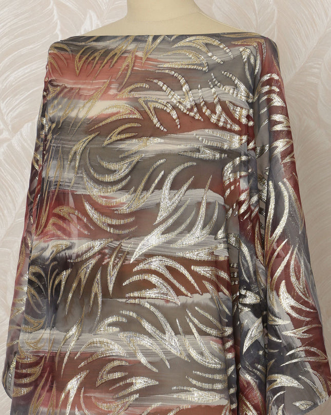 Grey and Rust Somali Silk Chiffon Dirac Fabric with Metallic Lurex Leaf Design, 3.5 Meters, 140 cm Width-D20672