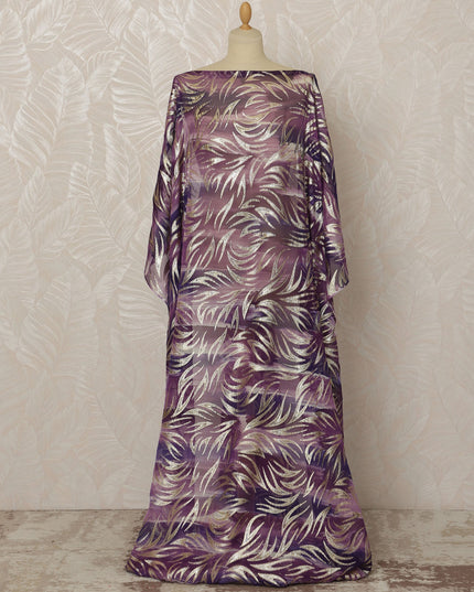 Mauve Somali Silk Chiffon Dirac Fabric with Metallic Lurex Leaf Design, 3.5 Meters, 140 cm Width-D20674