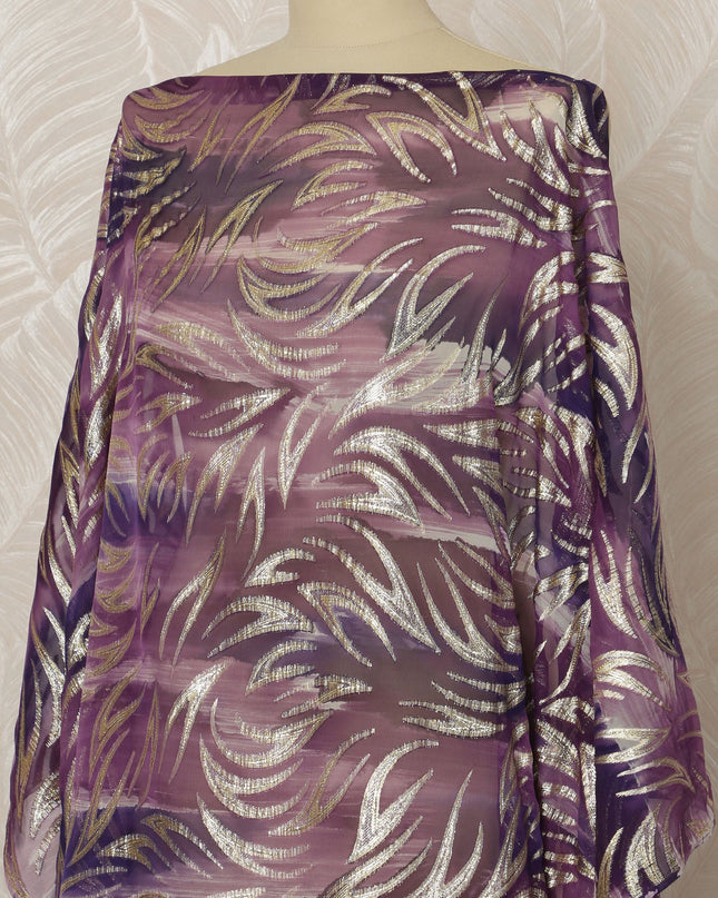 Mauve Somali Silk Chiffon Dirac Fabric with Metallic Lurex Leaf Design, 3.5 Meters, 140 cm Width-D20674