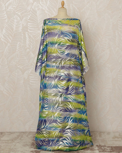 Green and Blue Somali Silk Chiffon Dirac Fabric with Metallic Lurex Leaf Design, 3.5 Meters, 140 cm Width-D20675