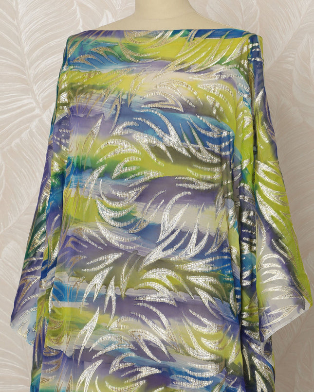 Green and Blue Somali Silk Chiffon Dirac Fabric with Metallic Lurex Leaf Design, 3.5 Meters, 140 cm Width-D20675