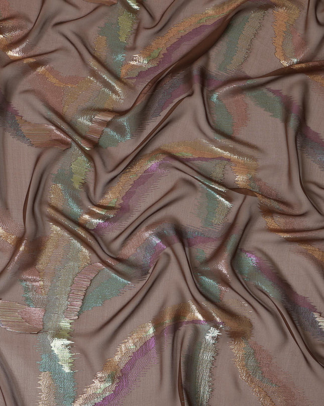 Taupe Silk Chiffon Fabric with Metallic Lurex Design, 110 cm Width-D20677