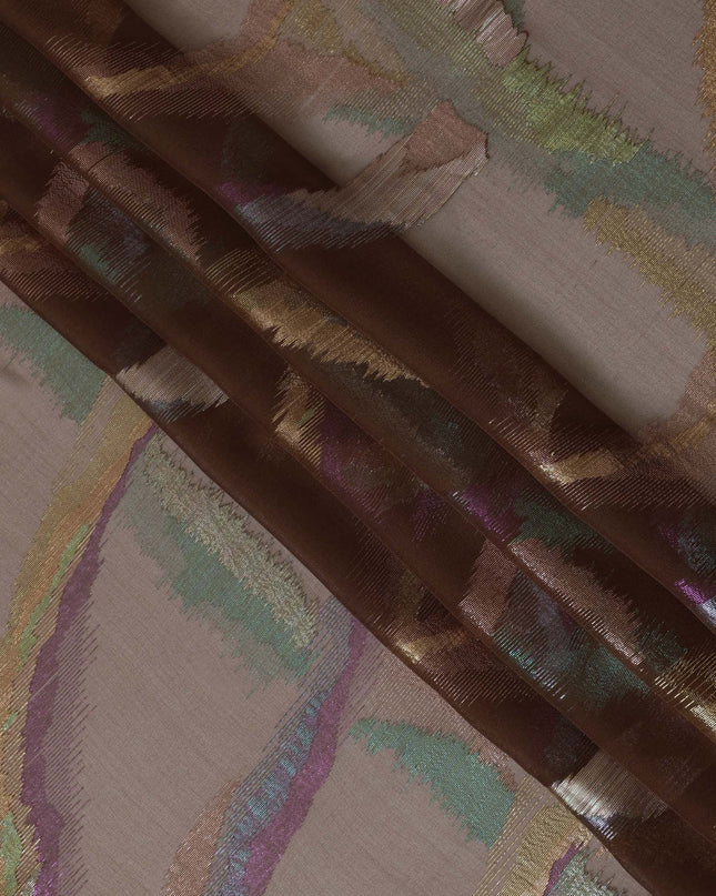 Taupe Silk Chiffon Fabric with Metallic Lurex Design, 110 cm Width-D20677