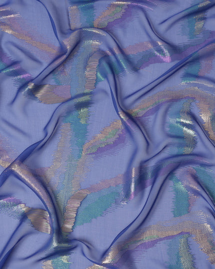 Royal Blue Silk Chiffon Fabric with Metallic Lurex Design, 110 cm Width-D20678