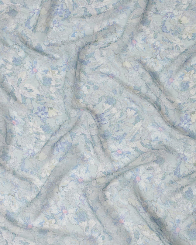 Pastel Blue Synthetic Crepe Fabric with Floral Print, 110 cm Width-D20683