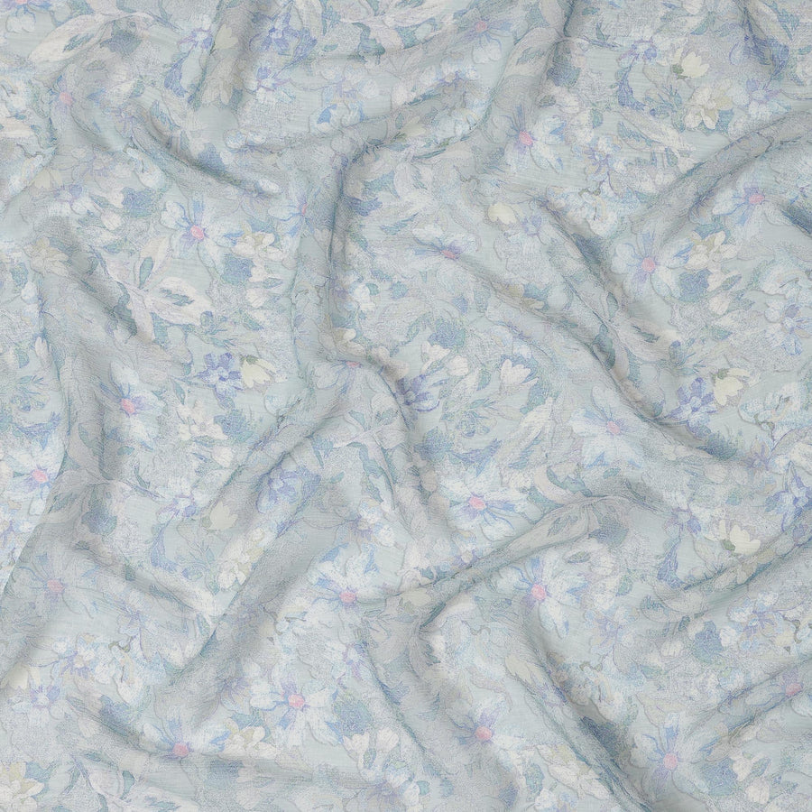 قماش كريب صناعي باللون الأزرق الباستيل بطبعة زهور، عرض 110 سم - D20683
