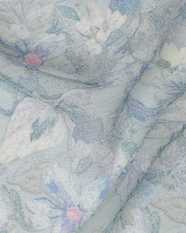 Pastel Blue Synthetic Crepe Fabric with Floral Print, 110 cm Width-D20683