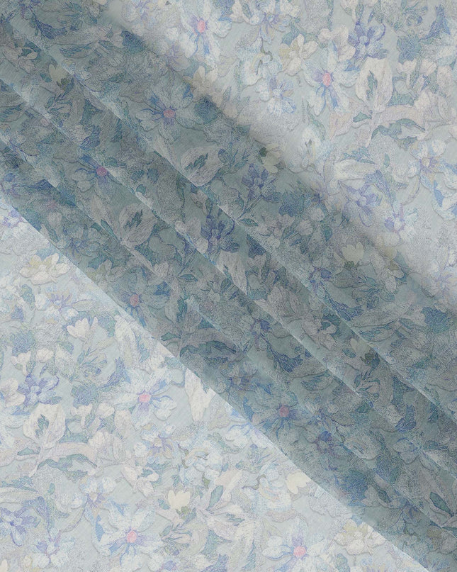 Pastel Blue Synthetic Crepe Fabric with Floral Print, 110 cm Width-D20683