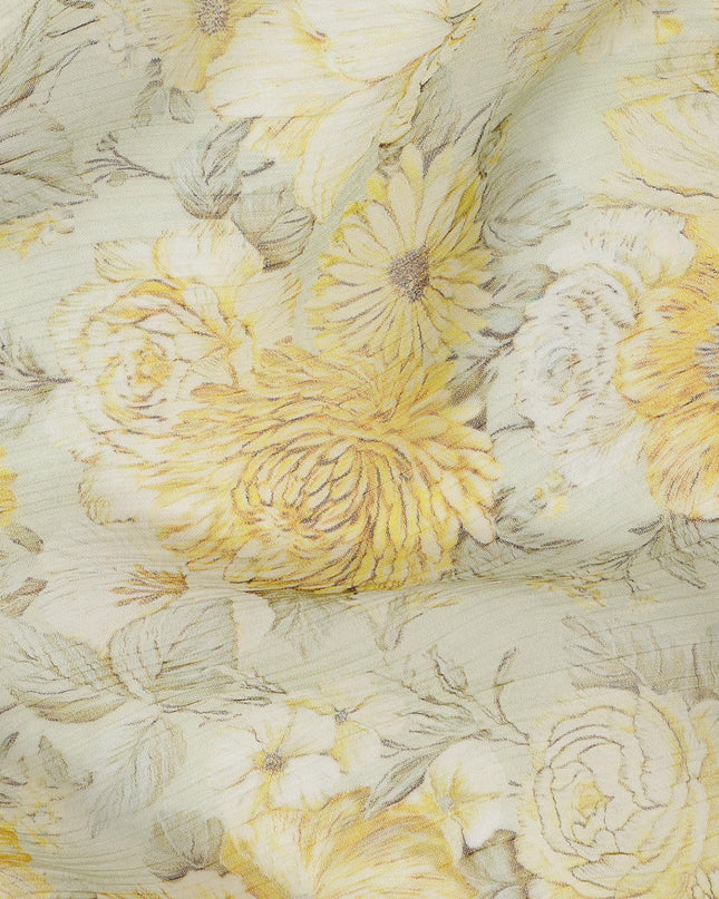 Soft Yellow Synthetic Crepe Fabric with Floral Design, 110 cm Width-D20684