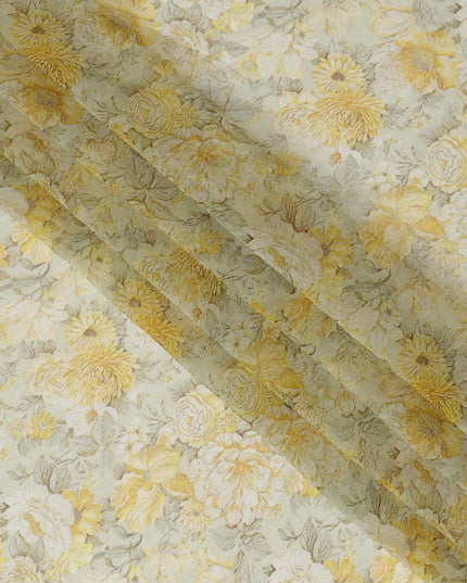 Soft Yellow Synthetic Crepe Fabric with Floral Design, 110 cm Width-D20684