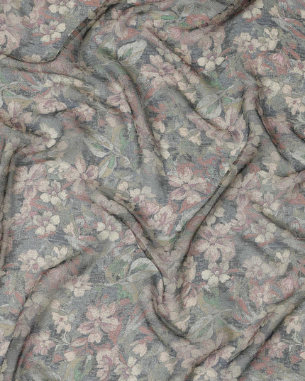 Moss Green Synthetic Crepe Fabric with Vintage Floral Print, 110 cm Width-D20685