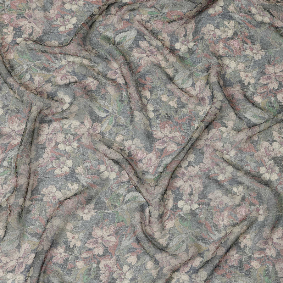 Moss Green Synthetic Crepe Fabric with Vintage Floral Print, 110 cm Width-D20685