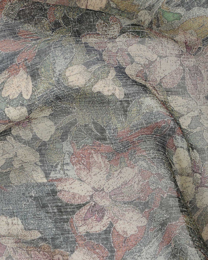 Moss Green Synthetic Crepe Fabric with Vintage Floral Print, 110 cm Width-D20685