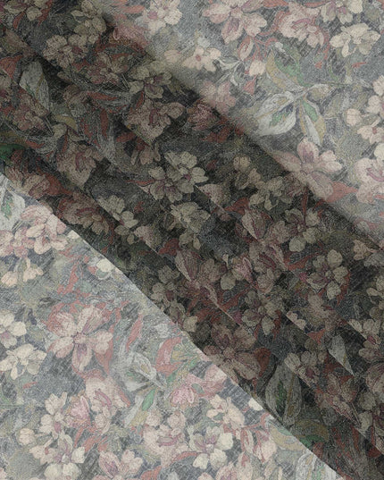 Moss Green Synthetic Crepe Fabric with Vintage Floral Print, 110 cm Width-D20685