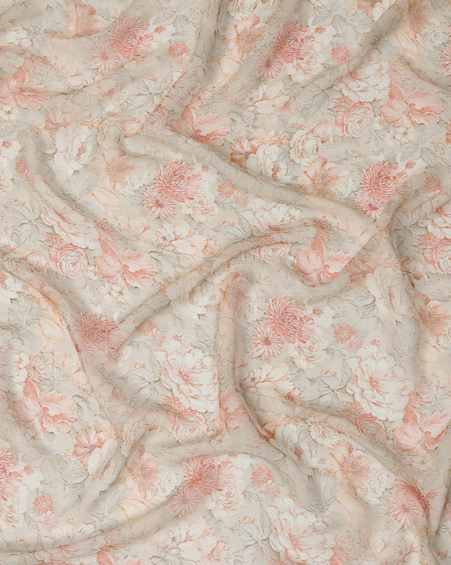 Peach and Ivory Synthetic Crepe Fabric with Floral Print, 110 cm Width-D20686