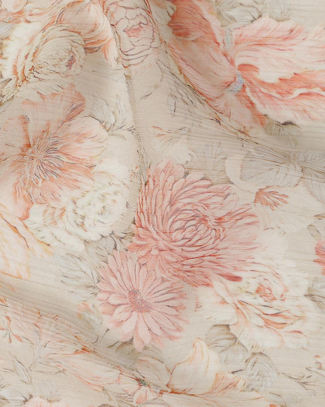 Peach and Ivory Synthetic Crepe Fabric with Floral Print, 110 cm Width-D20686