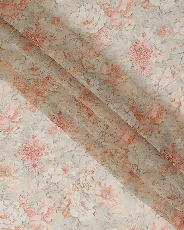 Peach and Ivory Synthetic Crepe Fabric with Floral Print, 110 cm Width-D20686