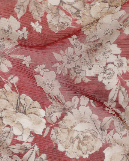 Maroon Synthetic Crepe Fabric with Beige Floral Print, 110 cm Width-D20688