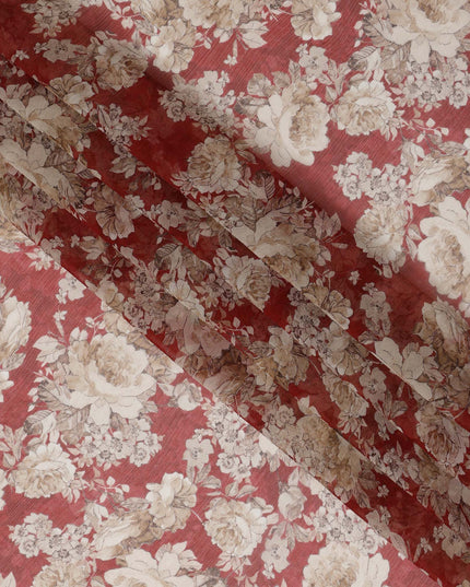 Maroon Synthetic Crepe Fabric with Beige Floral Print, 110 cm Width-D20688