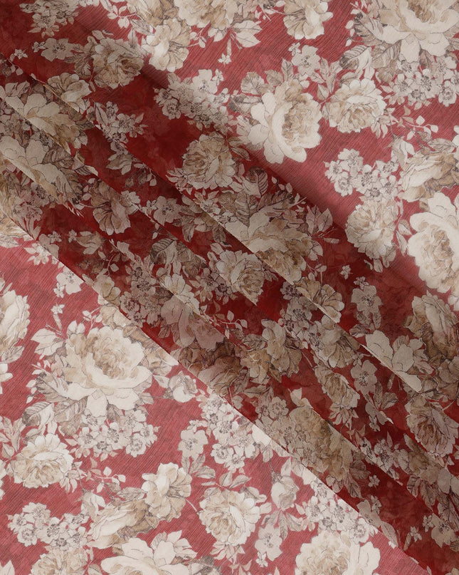 Maroon Synthetic Crepe Fabric with Beige Floral Print, 110 cm Width-D20688