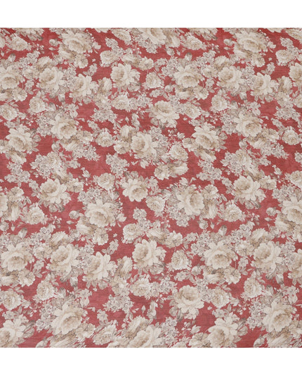 Maroon Synthetic Crepe Fabric with Beige Floral Print, 110 cm Width-D20688