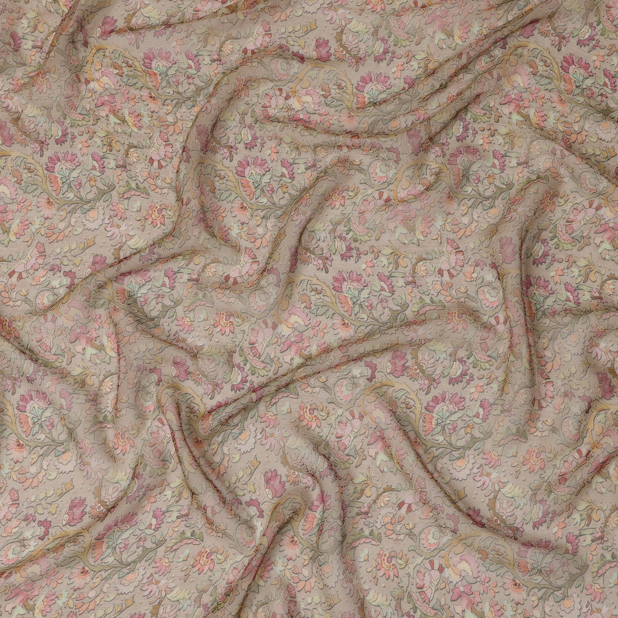 Taupe Synthetic Crepe Fabric with Colorful Floral Print, 110 cm Width-D20690