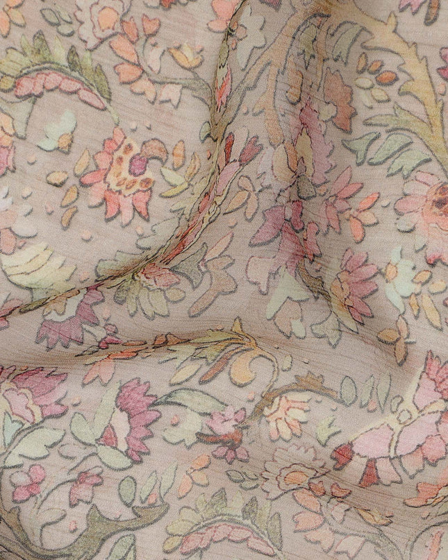 Taupe Synthetic Crepe Fabric with Colorful Floral Print, 110 cm Width-D20690