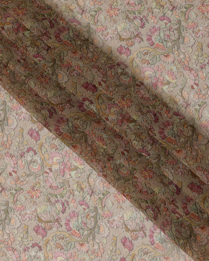 Taupe Synthetic Crepe Fabric with Colorful Floral Print, 110 cm Width-D20690