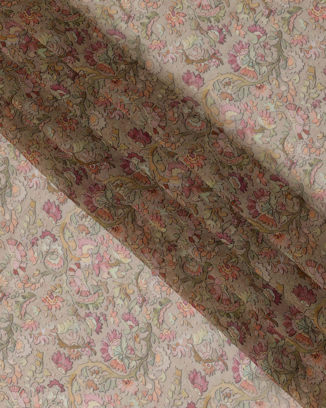 Taupe Synthetic Crepe Fabric with Colorful Floral Print, 110 cm Width-D20690