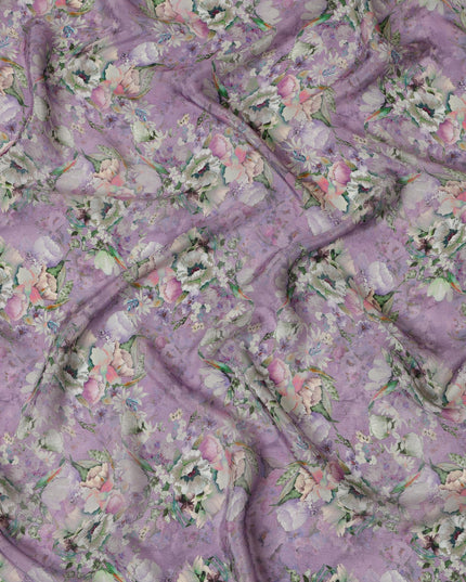 Lavender Synthetic Crepe Fabric with Pastel Floral Print, 110 cm Width-D20691