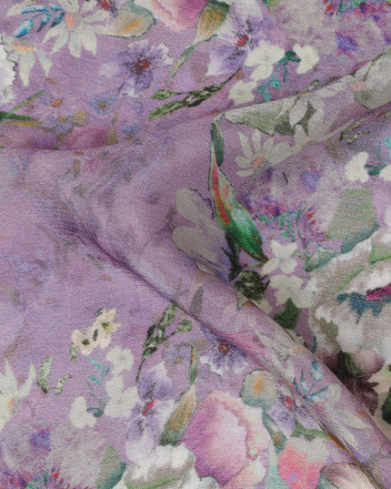 Lavender Synthetic Crepe Fabric with Pastel Floral Print, 110 cm Width-D20691