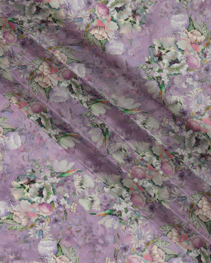 Lavender Synthetic Crepe Fabric with Pastel Floral Print, 110 cm Width-D20691