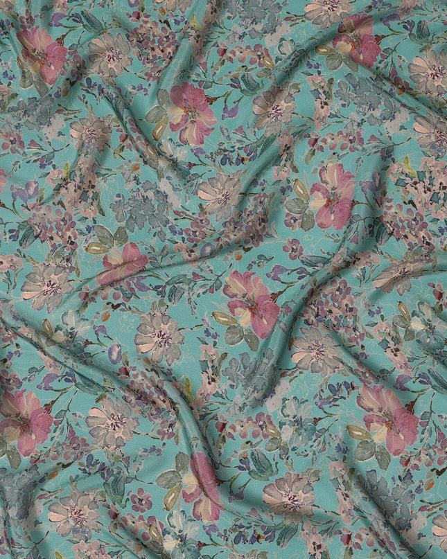 Teal Synthetic Crepe Fabric with Vibrant Floral Print, 110 cm Width-D20692