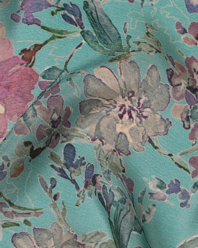 Teal Synthetic Crepe Fabric with Vibrant Floral Print, 110 cm Width-D20692