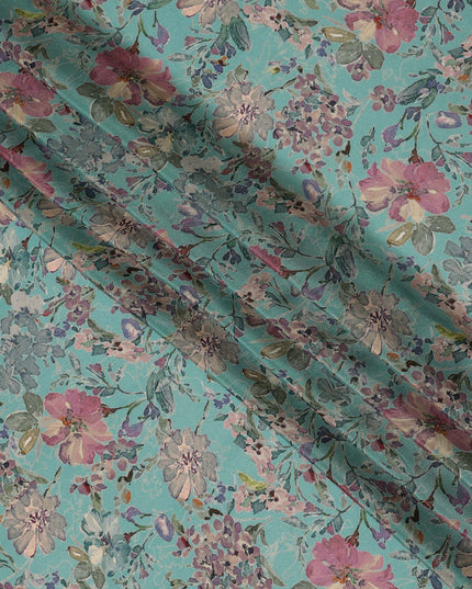 Teal Synthetic Crepe Fabric with Vibrant Floral Print, 110 cm Width-D20692