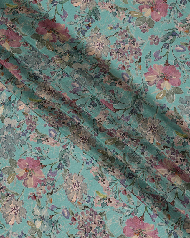 Teal Synthetic Crepe Fabric with Vibrant Floral Print, 110 cm Width-D20692