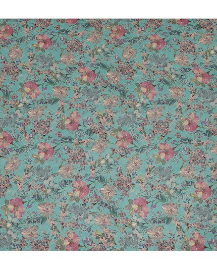 Teal Synthetic Crepe Fabric with Vibrant Floral Print, 110 cm Width-D20692