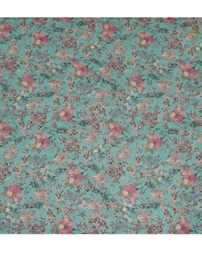 Teal Synthetic Crepe Fabric with Vibrant Floral Print, 110 cm Width-D20692