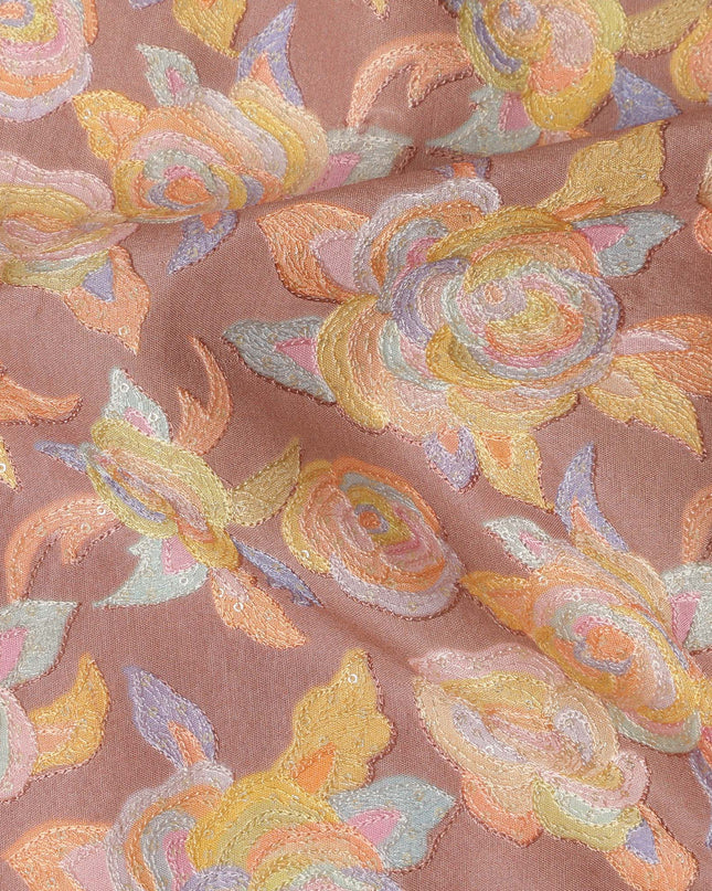 Blush Pink Pure Tussar Silk Fabric with Embroidery, 110 cm Width-D20694