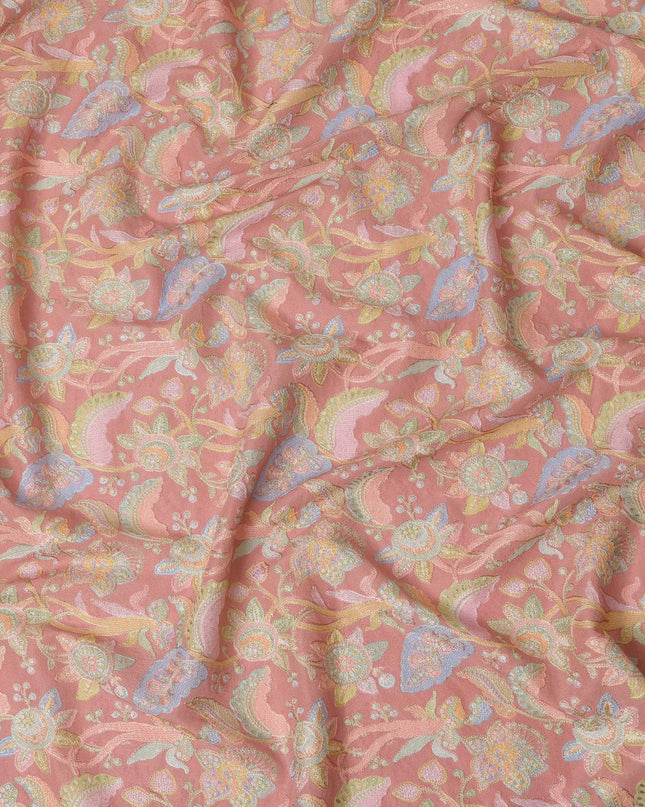 Coral Pink Pure Tussar Silk Fabric with Embroidery, 110 cm Width-D20695