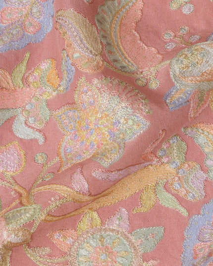 Coral Pink Pure Tussar Silk Fabric with Embroidery, 110 cm Width-D20695