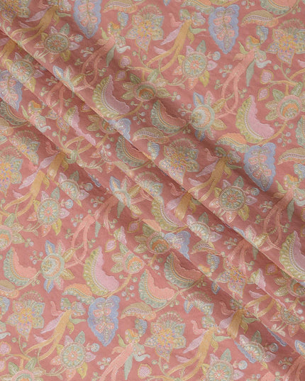 Coral Pink Pure Tussar Silk Fabric with Embroidery, 110 cm Width-D20695