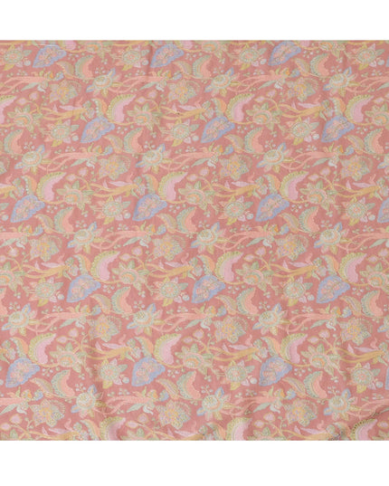 Coral Pink Pure Tussar Silk Fabric with Embroidery, 110 cm Width-D20695