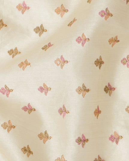 Ivory Pure Tussar Silk Fabric with Embroidered Motifs, 110 cm Width-D20696