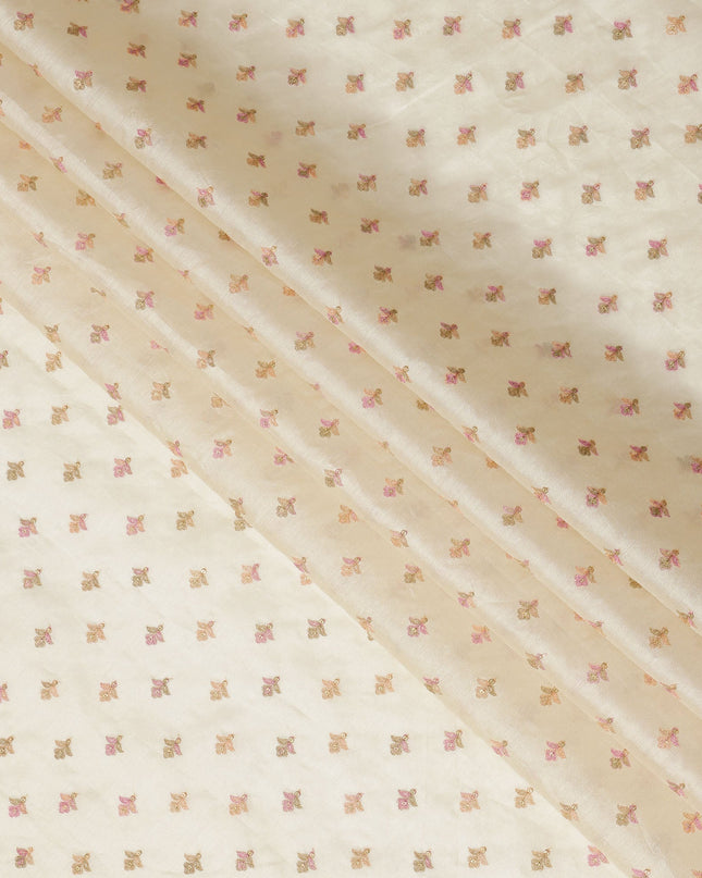 Ivory Pure Tussar Silk Fabric with Embroidered Motifs, 110 cm Width-D20696