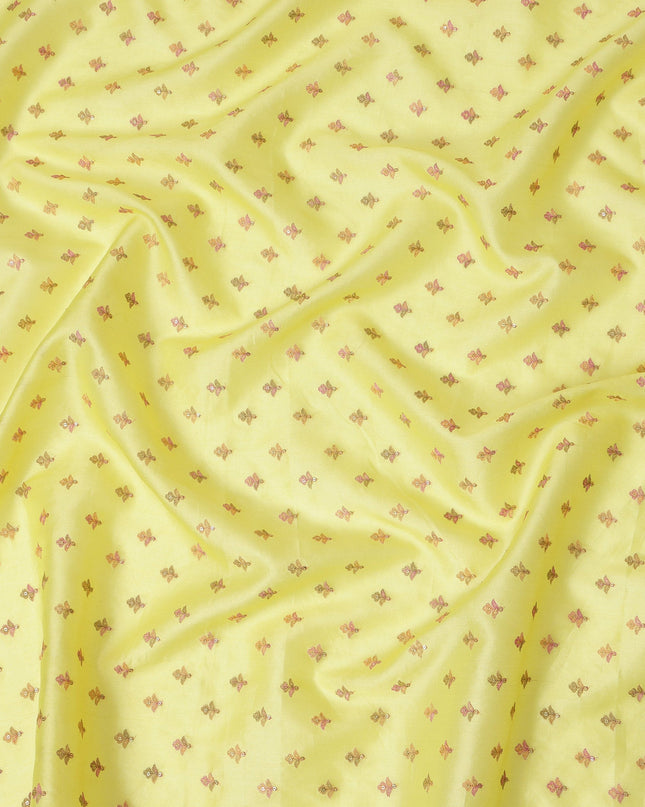 Lemon Yellow Pure Tussar Silk Fabric with Embroidery, 110 cm Width-D20697