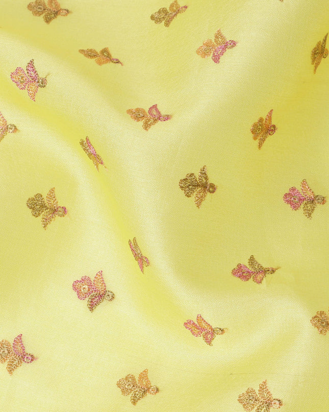 Lemon Yellow Pure Tussar Silk Fabric with Embroidery, 110 cm Width-D20697